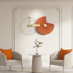 two chairs and a table in front of a wall with an abstract clock on it