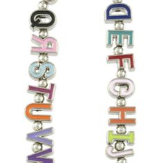 two colorful earrings with the word love spelled in different colors and letters on each ear