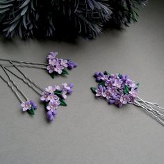 Unique Handcraft - floral hairpiece with lilac flowers. Price - for 3 hairpins. Hair pins made of artifical lilac flowers and green leafs. The idea for the 3 individual pieces is to allow versatility for a really unique hair style. The pieces can be clustered together to create a chunky, statement look, or randomly spaced out to create a vine effect. Ideal for a wedding! Also great for Bridesmaids and Flower Girls. Elegant and romantic piece of jewelry! The flowers and leafs made of polymer clay Purple Hair Jewelry, Lilac Hair Accessories, Clay Hairpin, Clay Hair Pins, Polymer Clay Hair Accessories, Clay Hair Accessories, Floral Hairpiece, Flowers Accessories, Hair Pins Wedding