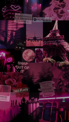 a collage of photos with the eiffel tower lit up in pink and purple