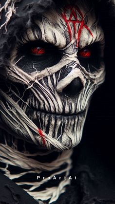 an evil looking man with red eyes and white makeup