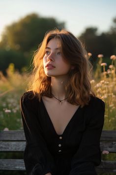 a woman is sitting on a bench in a field with dandelions and wildflowers