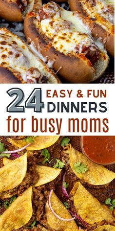 the cover of easy and fun dinner for busy moms, with images of different types of food