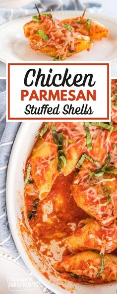 chicken parmesan stuffed shells on a white plate with text overlay that reads chicken parmesan stuffed shells