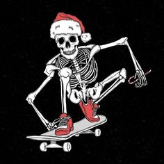 a skeleton riding a skateboard wearing a santa hat