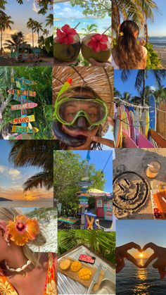 a collage of pictures with people on the beach, palm trees and other things