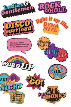 various stickers with different words and phrases