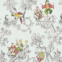 an old fashioned wallpaper with birds and flowers on blue background, in the style of children's drawings