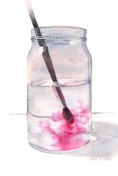 a watercolor painting of a toothbrush in a jar with pink ink on it