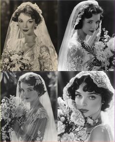 four pictures of women in wedding dresses and veils