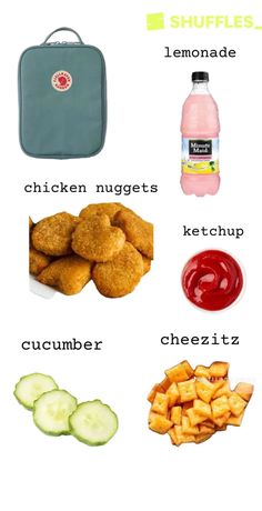 an image of food that includes chicken nuggets, cucumber and ketchup