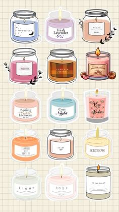 many different types of candles are shown in this graphic art printable version, which is also available for purchase on etsyle com