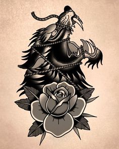 a black and white drawing of a bird sitting on top of a pink rose with leaves around it