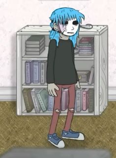 a cartoon girl with blue hair standing in front of a book shelf filled with books