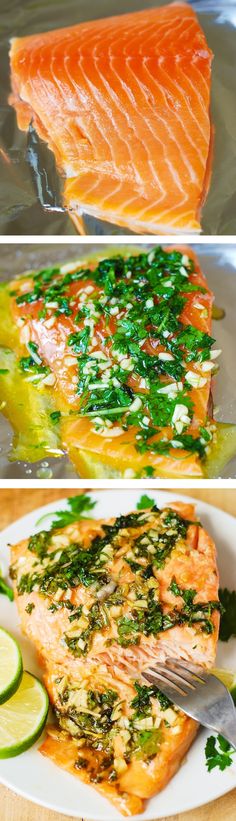 three different views of salmon being cooked on the stove top and side by side with lime slices