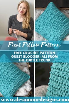 the crochet pillow pattern is shown in three different pictures, including one with a square