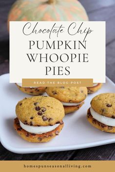 chocolate chip pumpkin whoopie pies on a plate with the title overlay