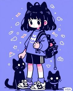 a drawing of a girl standing next to two black cats and holding a backpack in her hand