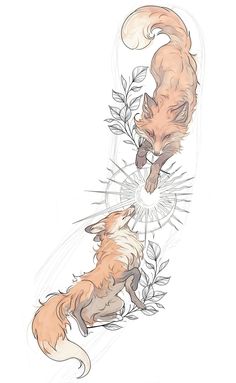 two foxes playing with each other on a white background