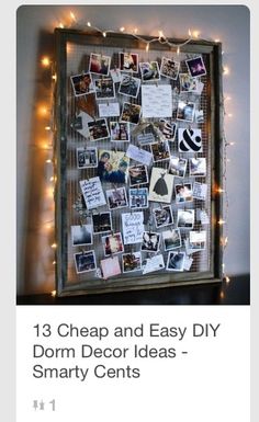 an image of a bulletin board with pictures on it and lights strung around the frame