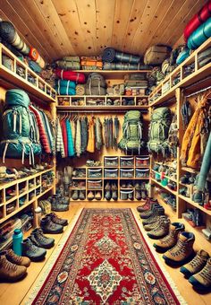 a room filled with lots of shoes and rugs