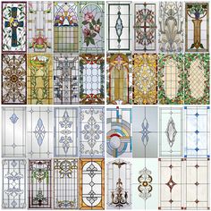 several different types of stained glass windows with decorative designs on them, all in various shapes and sizes