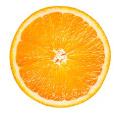 an orange slice cut in half on a white background with clippings to the side