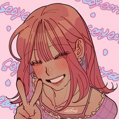 a drawing of a girl with pink hair and piercings on her ears, making the peace sign