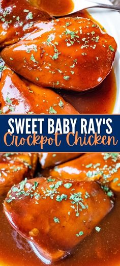 sweet baby ray's crockpot chicken is served with gravy and parsley