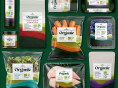 an assortment of organic products displayed on a green background