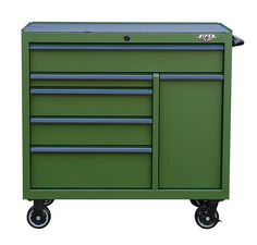 a green tool cabinet with four drawers