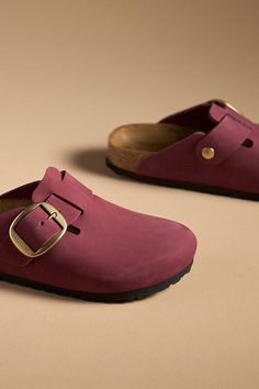 Medium/narrow fit Leather upper Cork-latex insole EVA sole Slip-on styling Imported | Boston Big Buckle Clogs by Birkenstock in Red, Women's, Size: 36, Leather/EVA/Cork-Latex at Anthropologie Red Clogs With Leather Footbed And Round Toe, Classic Flat Clogs With Removable Insole, Boston Big Buckle, Boston Birkenstock, Birkenstock Clog, Clogs Outfit, Clothing Wishlist, Birkenstock Boston, Style Fall