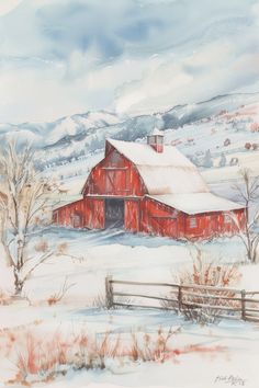 a painting of a red barn in the snow