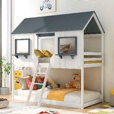 a child's bedroom with a bunk bed and toys on the floor in front of it