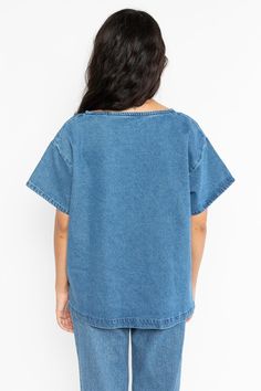 The Denim T-Shirt is constructed out of 10 oz denim and then dyed and treated with enzymes for a slight softening effect. The result is a workwear-inspired piece that’s functional and perfect in its simplicity. Features a slightly oversized, boxy fit with side seam vents at the hem. Wear this alone as a top or layer over long sleeves. | Shirt For Women In Dark Medium Wash, Size Xs Denim T Shirt, Shirt For Women, Denim Wash, Work Wear, Bell Sleeve Top, Angeles, T Shirts For Women, For Women, Long Sleeve