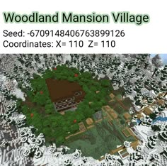 an aerial view of a wooded area with trees and bushes in the foreground text reads woodland mansion village