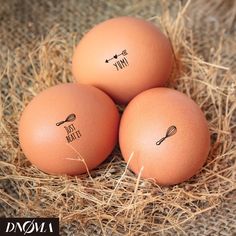 three brown eggs sitting on top of hay with words drawn on them and whisk utensils