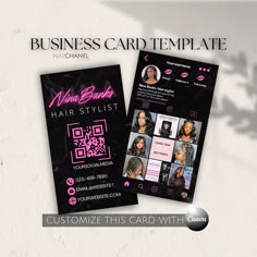 two business card templates for hair stylist with pink and black designs on them