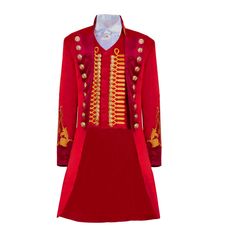 a red coat with gold trims and buttons on the collar, in front of a white background