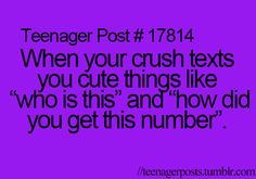 a purple background with the words teenager post 784 when your crush texts you cute things like who is this and how did you get