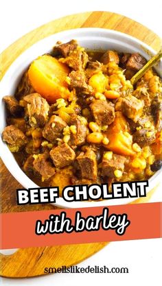 beef and barley stew with text overlay