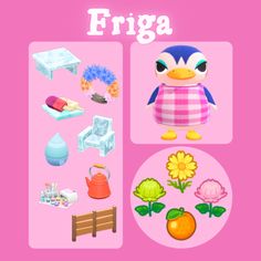 a pink poster with an image of a penguin and other items