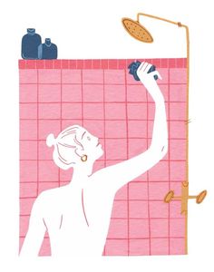 a drawing of a woman washing her hands in the shower with soap and water nearby