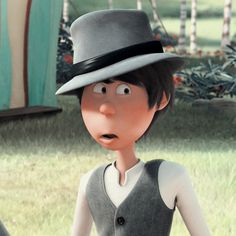 an animated man wearing a gray hat and grey vest standing in front of some bushes