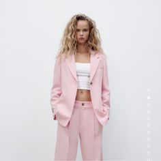 Zara Pink Oversized Blazer New With Tags Size Xs, Will Fit A S Beautiful Blazer, Can Be Dressed Up Or Down Zara Pink Pants, Pastel Pink Blazer, Long Suit Jacket, Bright Color Dresses, Casual Wide Leg Pants, Single Button Blazer, Chic Pattern, Long Blazer, Pink Blazer