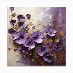 an abstract painting with purple flowers on it