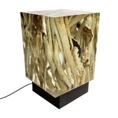 a lamp that is made out of wood and has roots on the base, as well as an electric cord