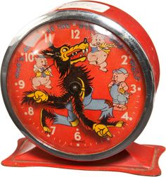 a red clock with cartoon characters on it