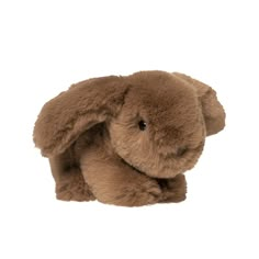 a brown stuffed animal sitting up against a white background