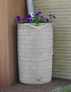 a planter with purple flowers in it sitting next to a wall and a door